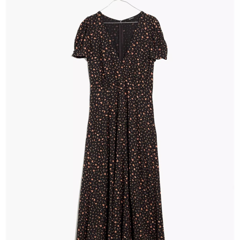 Madewell  Puff-Sleeve Faux-Wrap Midi Dress in Stem Scatter